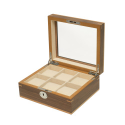Clipperton 6 watch box in brown wood with glass lid