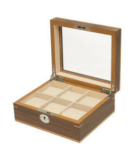 Clipperton 6 watch box in brown wood with glass lid