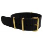 Black NATO watch strap with gold buckles