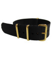 Black NATO watch strap with gold buckles