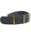 Grey NATO watch strap with gold buckles