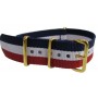 Bracelet nylon NATO Bleu/blanc/rouge boucles dorées