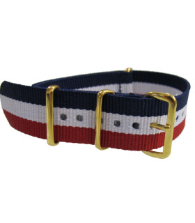 Bracelet nylon NATO Bleu/blanc/rouge boucle doré