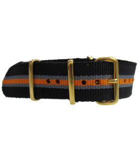 Bracelet nylon NATO Noir/Gris/Orange boucle doré