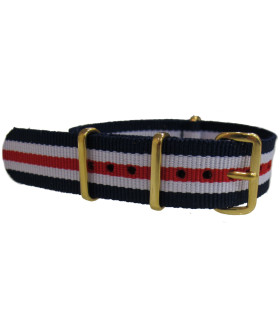 Bracelet nylon NATO Bleu/blanc/rouge boucle doré