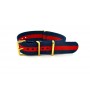 Blue/Red NATO watch strap with gold buckles
